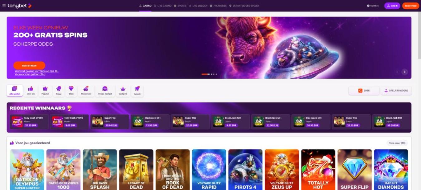 Homepage van TonyBet casino online